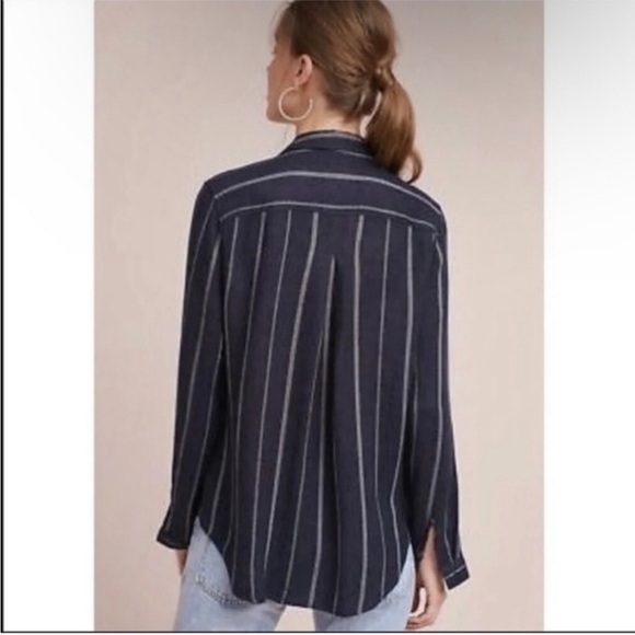 Anthropologie Cloth & Stone Tulane Navy Blue & White Stripe Button Front Shirt S - Picture 3 of 8